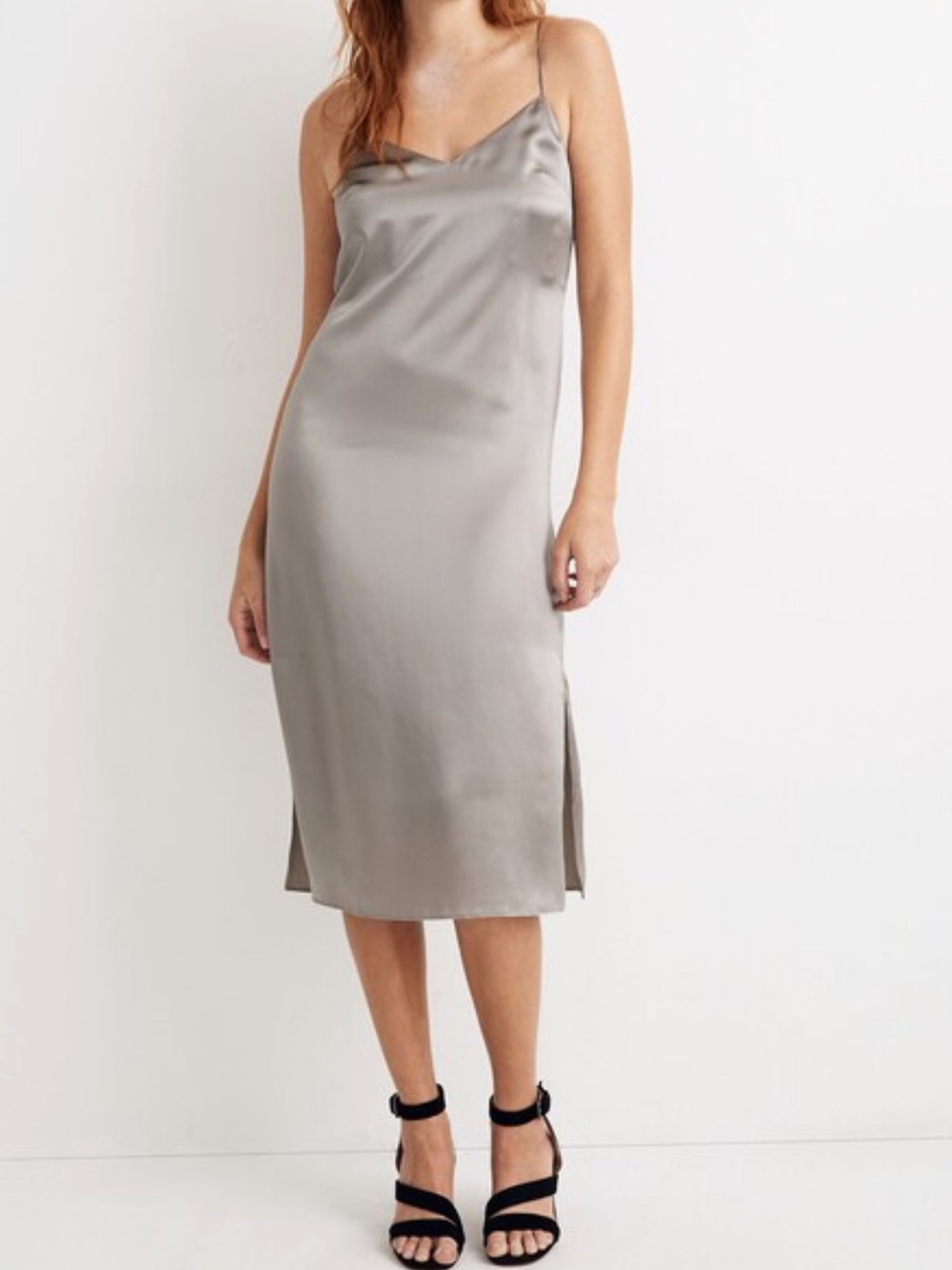 Madewell Eva silk Slip Midi Dress in Silver Gray